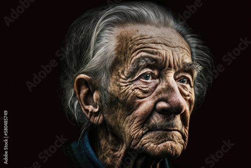 An old man in dark background, side view shot. Created with generative AI technology.