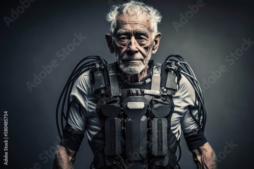 An old man wearing an exoskeleton suit. Modern aging concept. Created with generative AI technology. © ruang
