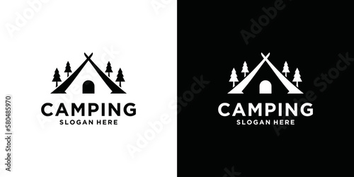 Simple camping logo with tent shape and natural environment