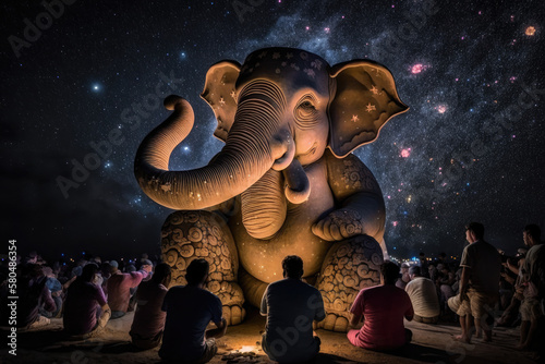 There are many galactic stars in the night sky of a huge massive GANESHA statue, with red lanterns rising in the sky, crowds watching the lantern festival, generative AI