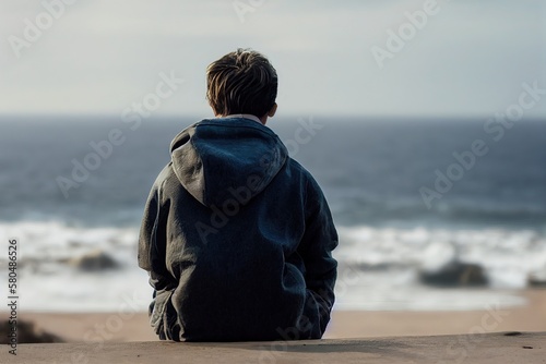 portrait d'un adolescent de dos face à la mer, solitude et tristesse photo