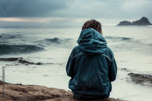 portrait d'un adolescent de dos face à la mer, solitude et tristesse