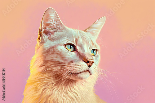 White cat portrait, pink and gold yellow colors, copy space
