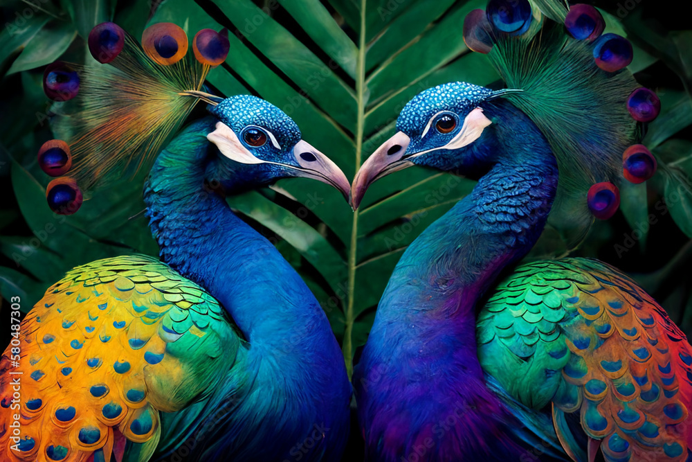 Fototapeta premium Peacock couple in the jungle. LGBT representation. Created with Generative Al technology