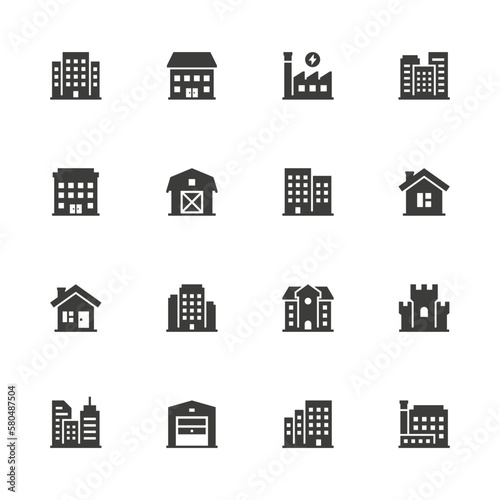 Set of 16 building icons.