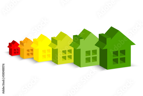 3d houses energy efficlency. Electricity consumption concept. Power save concept. Vector illustration.