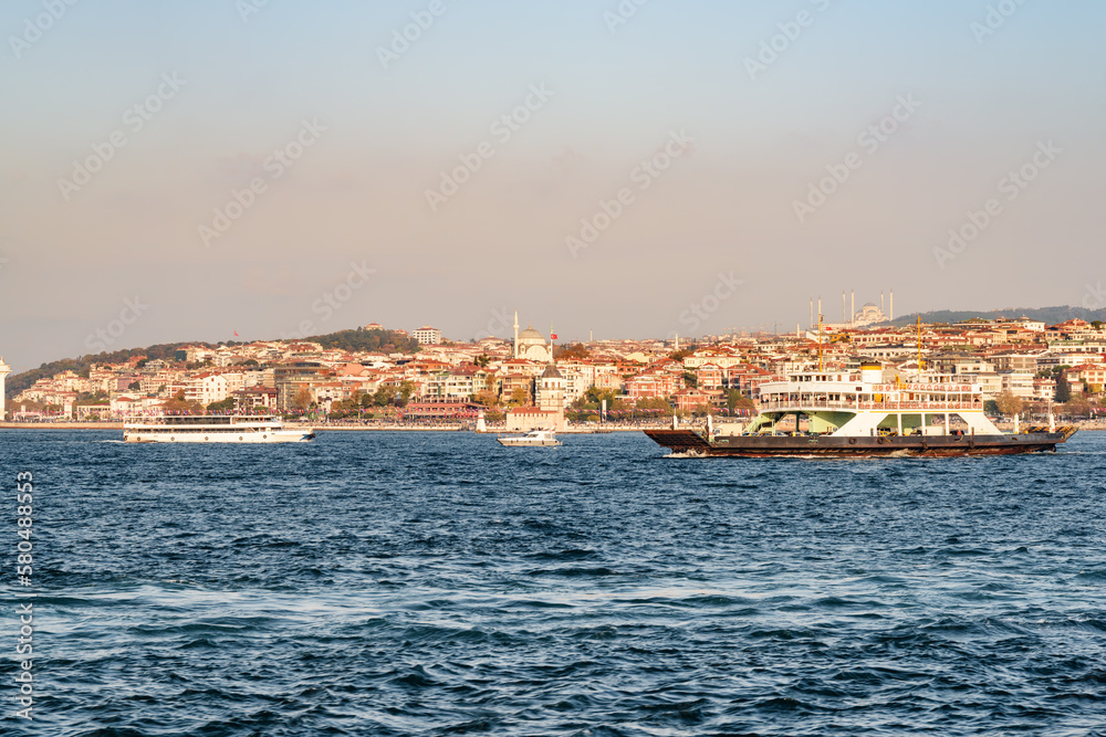 Istanbul skyline. Ferry is crossing the Bosporus