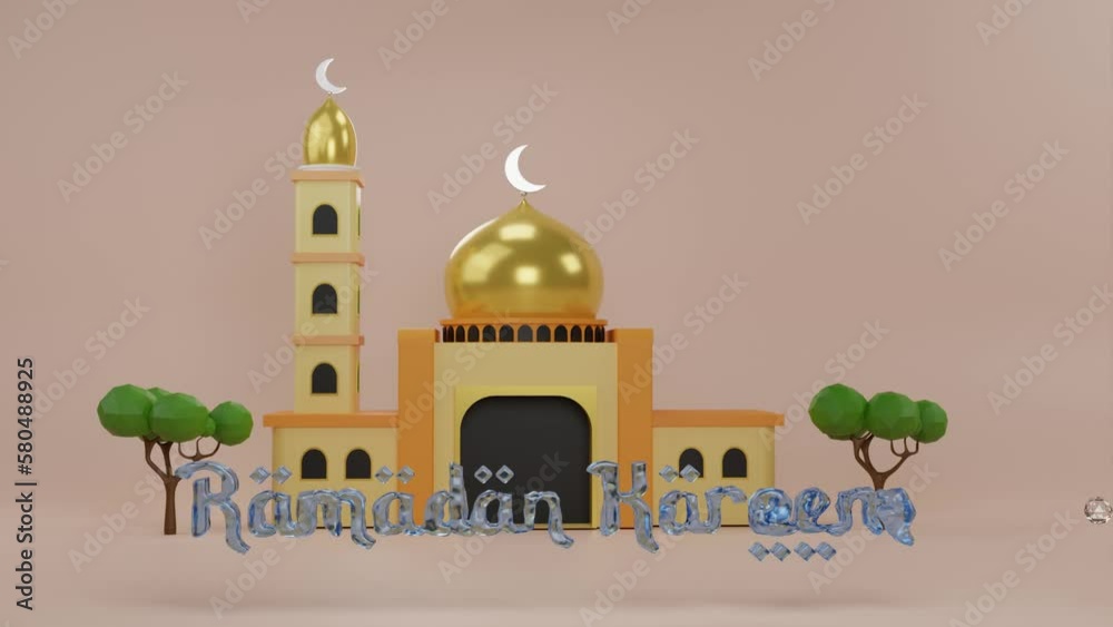 Ramadan Kareem Text with watter effect. mosque and moon, place for text greeting banner. logo intro. 3D effect
