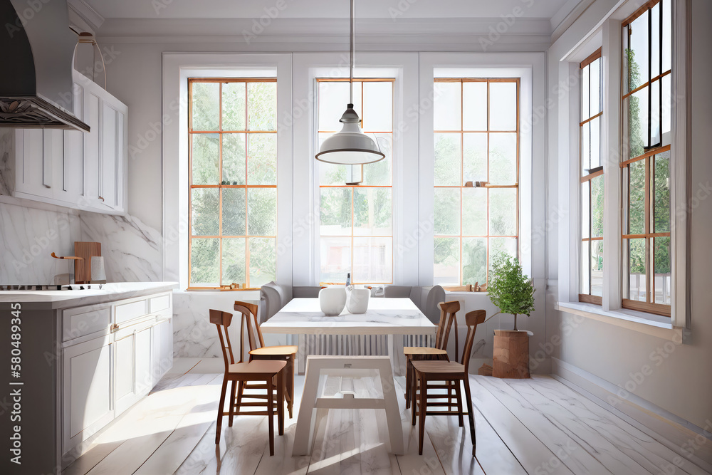 Bright white modern kitchen with dining table Bright white modern kitchen with dining table
