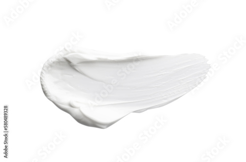 Sample of facial cream isolated on white, top view