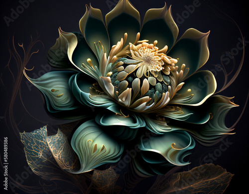 A flower with dark turquoise color in indirect sunlight, AI generated.