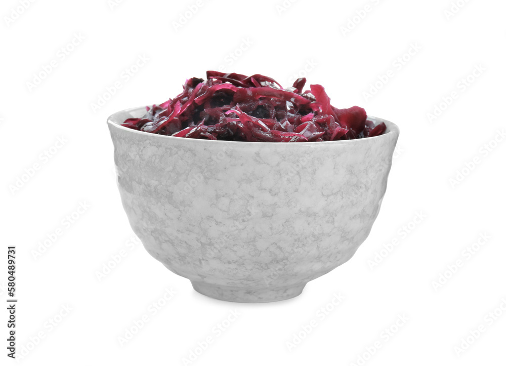 Bowl with tasty red cabbage sauerkraut isolated on white Bowl with tasty red cabbage sauerkraut isolated on white