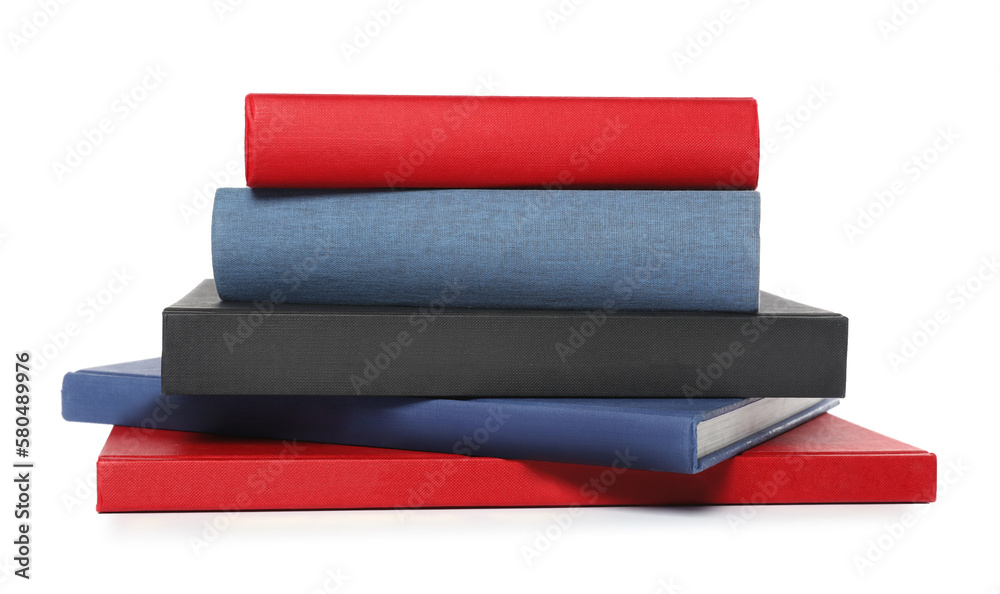 Stack of different hardcover books on white background