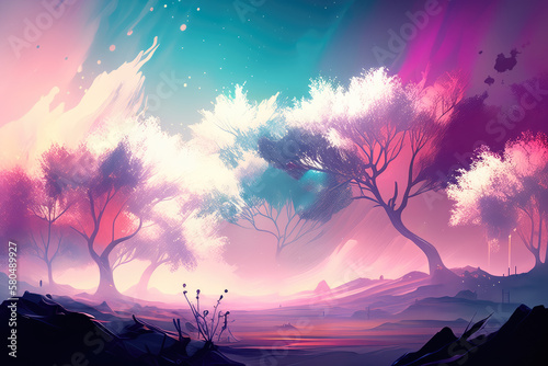 Foto Whimsical and ethereal abstract landscape with blurred shapes in pastel colors,
