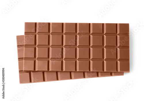 Delicious milk chocolate bars isolated on white, top view