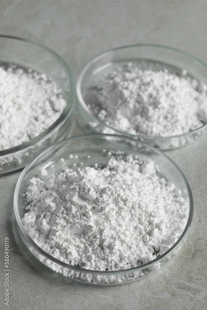 Petri dishes with calcium carbonate powder on light grey table Petri dishes with calcium carbonate powder on light grey table