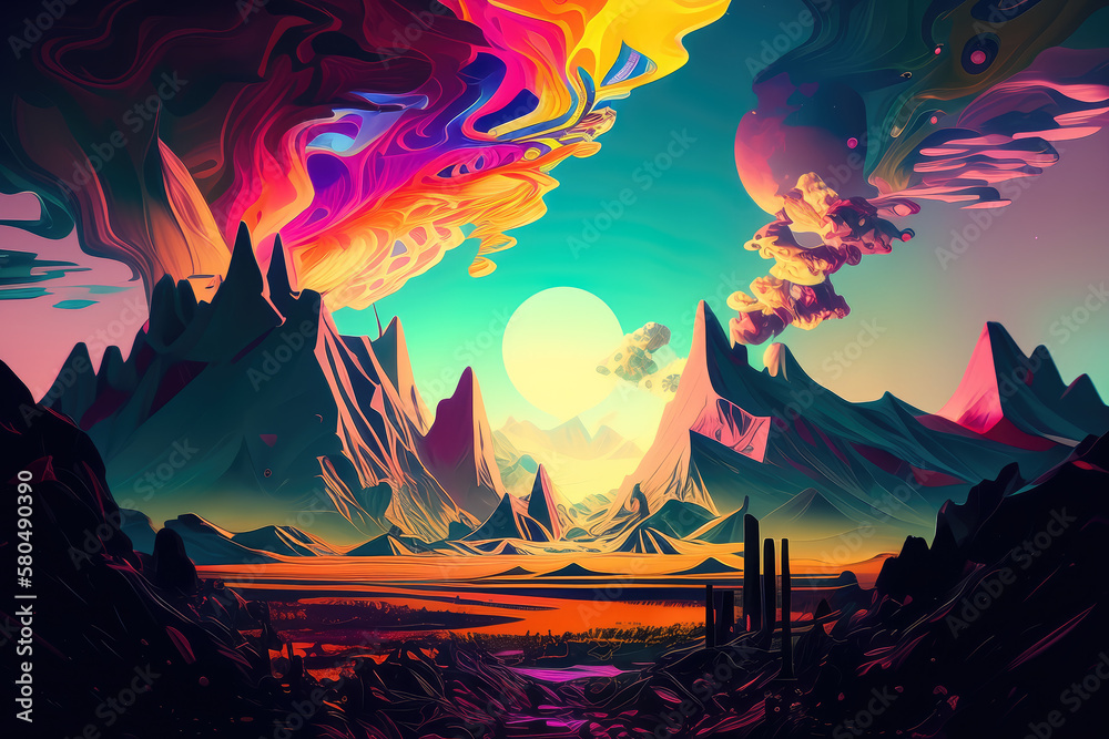 Obraz premium Psychedelic glitch art with distorted shapes and colors, resembling an otherworldly landscape, generative ai