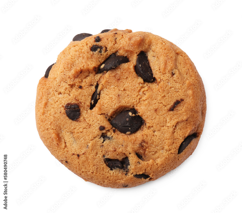 Delicious chocolate chip cookie isolated on white, top view