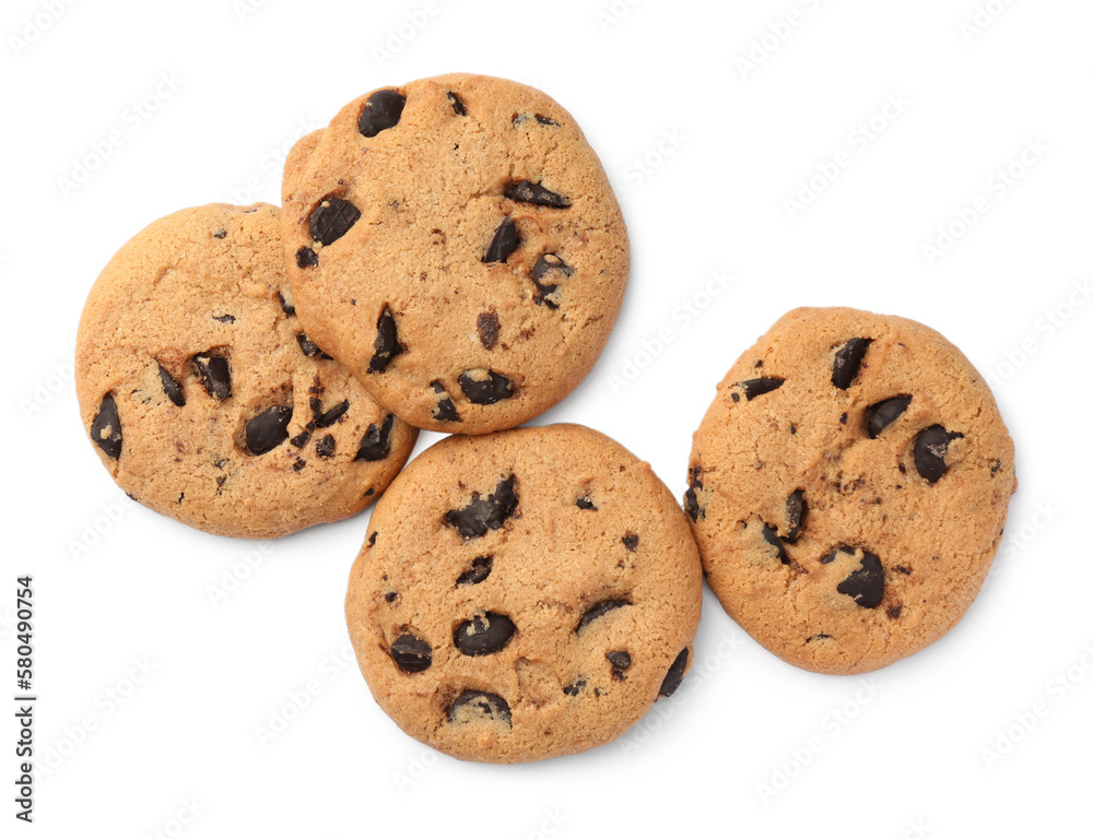 Delicious chocolate chip cookies isolated on white, top view Delicious chocolate chip cookies isolated on white, top view