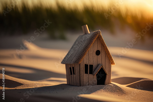 Small model home on sunset beach abstract background. Business and nature concept. Generative ai