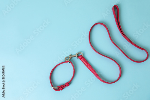 Red leather dog leash on light blue background, top view. Space for text photo