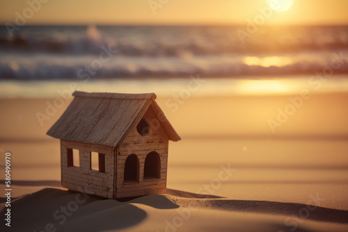 Small model home on sunset beach abstract background. Business and nature concept. Generative ai © tonktiti