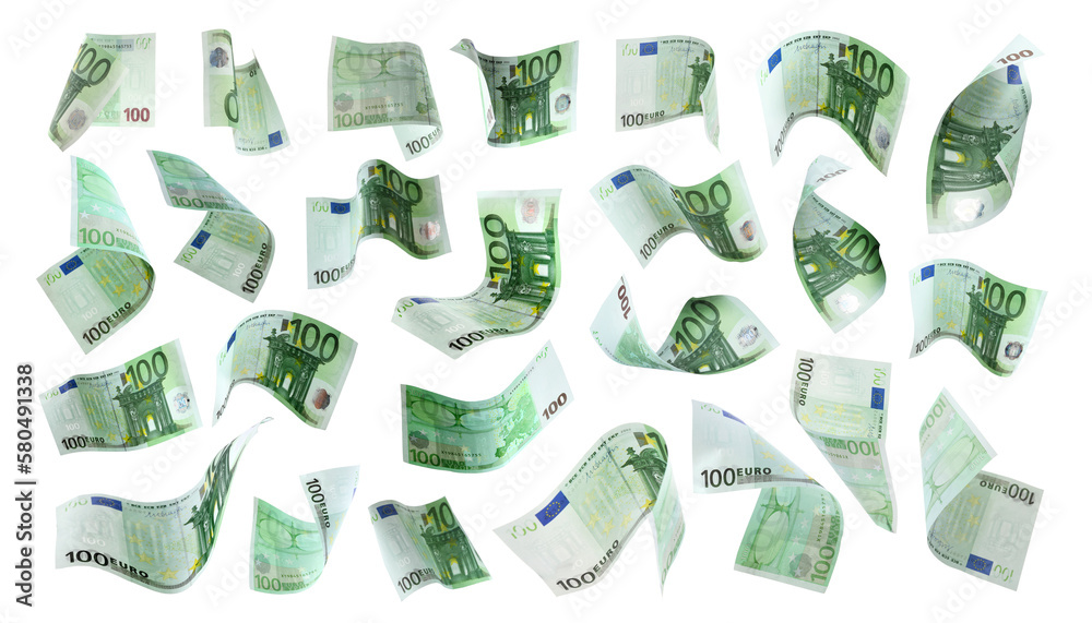Many euro banknotes flying on white background - obrazy, fototapety, plakaty 