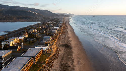 Aerial photo looking south along the beach and Pacific Ocean, Rockaway Beach, Oregon, Pacific Northwest, United States  photo
