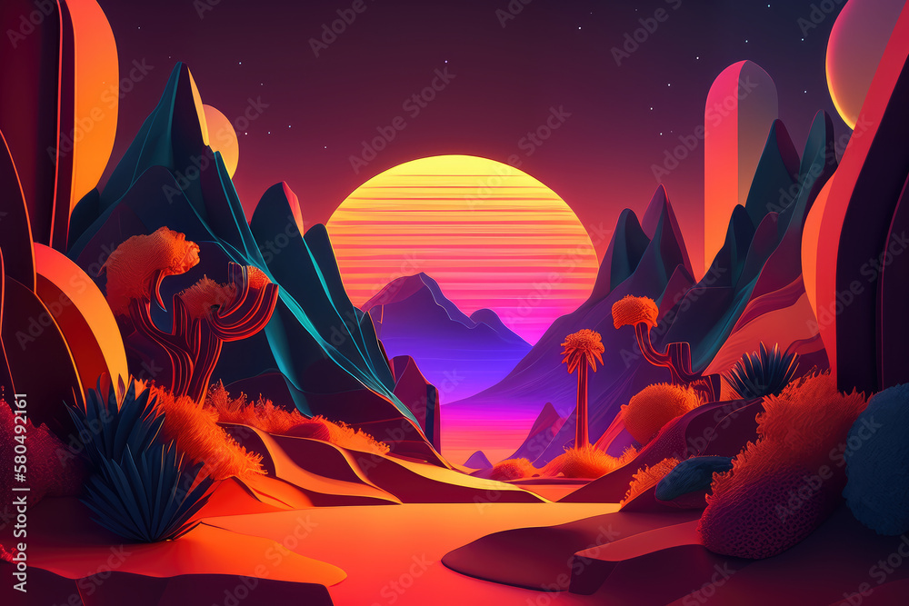 Neon Oasis Vibrant 3D-Rendered Abstract Landscape with Bold Neon Colors and Glowing Geometric Shapes, generative ai