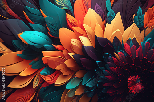 Vibrant and colorful abstract floral shapes bursting with energy and life, generative ai