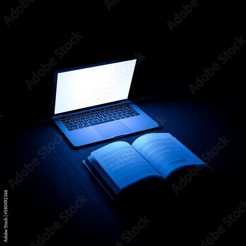 Notebook reading about machine learning. Artificial intelligence concept. 3d rendering.