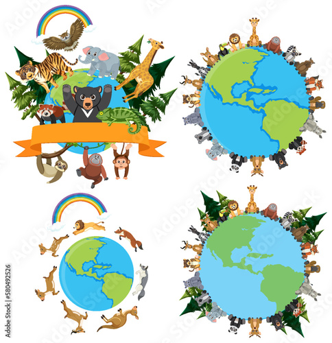 Save the world and animal cartoon logo