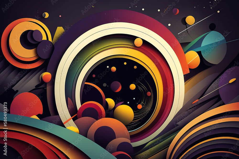 mesmerizing vector-style abstract design featuring overlapping circles and stripes with a deep space background, generative ai