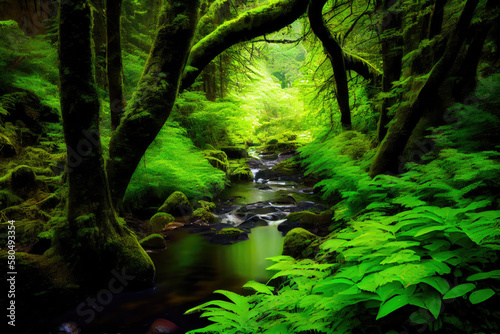 Stream in green misty forest.