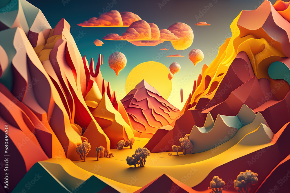 Radiant Horizons Mesmerizing 3D-Rendered Abstract Landscape with Vivid Colors and Striking Geometric Shapes, generative ai