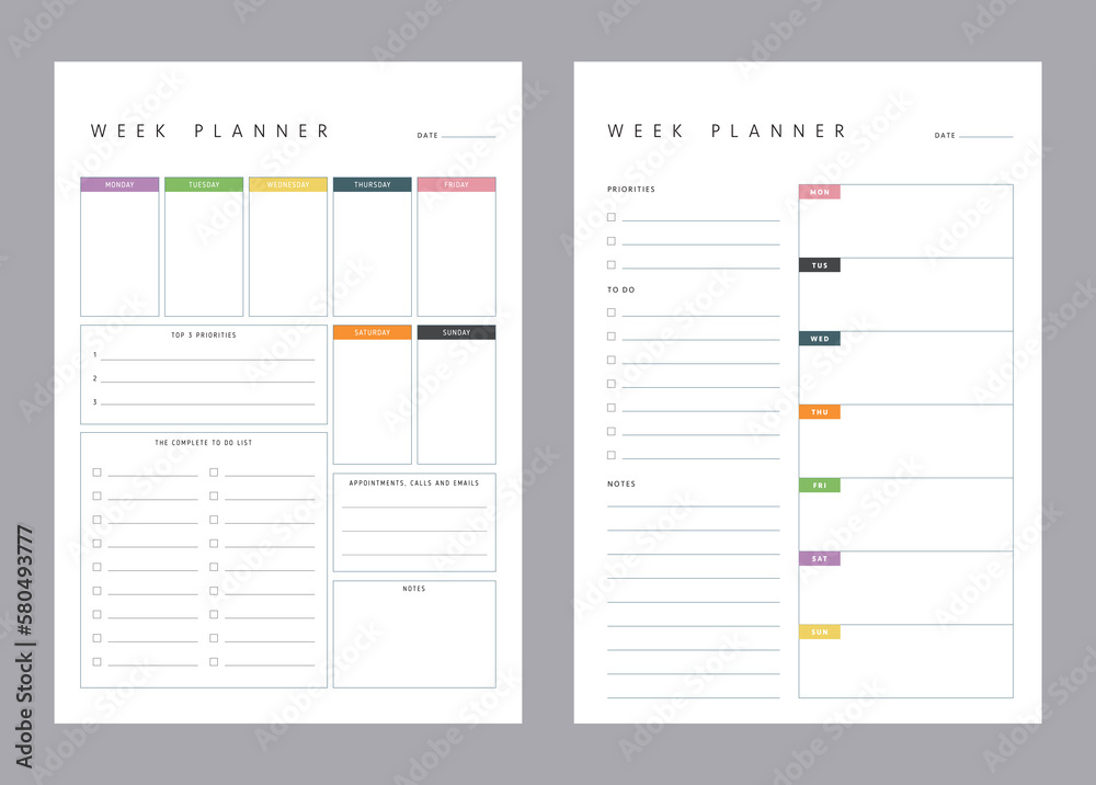 Set 2 Weekly planner template. Plan your day more easily and more happiness. Set 2 Weekly planner template. Plan your day more easily and more happiness.