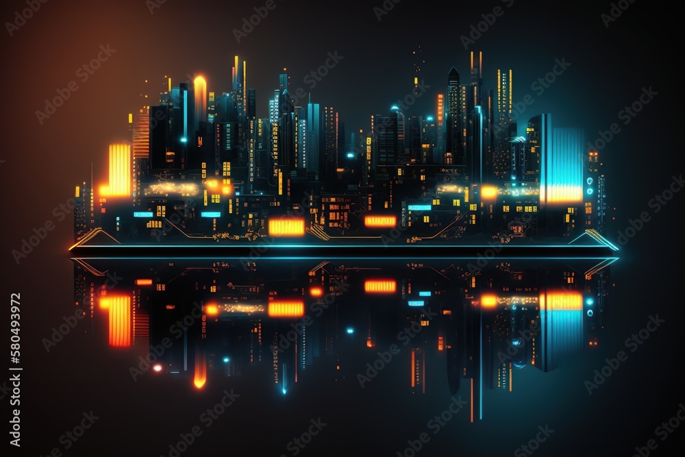 Abstract cityscape circuit with futuristic design.
Created with generative AI technology and Photoshop.