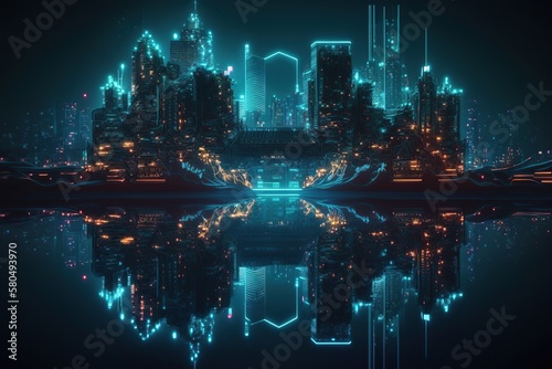 Abstract cityscape circuit with futuristic design. Created with generative AI technology and Photoshop.