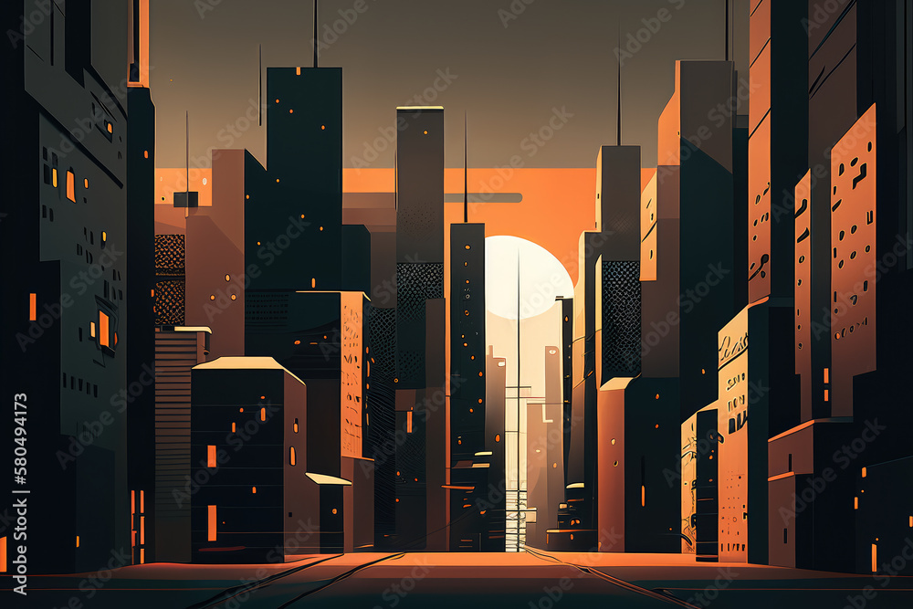 Pixelated cityscape with blocky shapes and gradients in a monochromatic ...