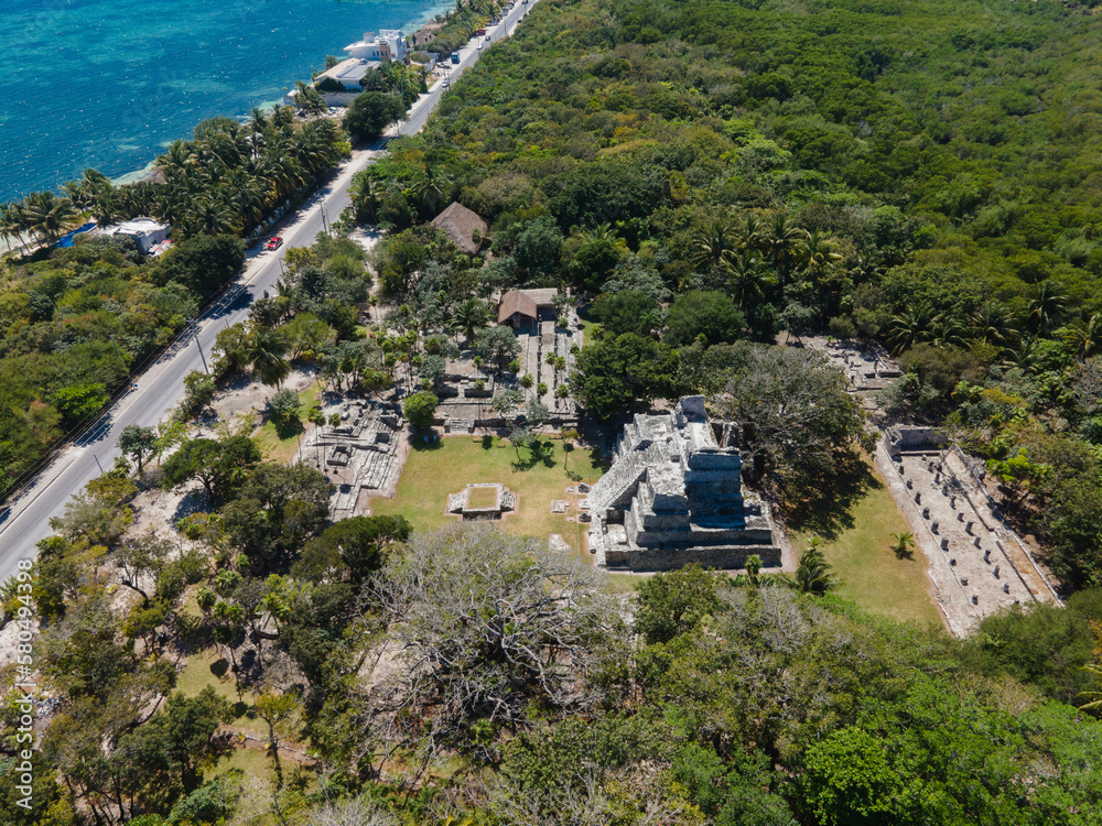 Aerial view of El Meco mayan city, Cancun, Mexico