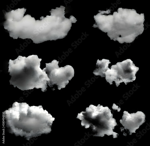 set of clouds isolated on black background. Generative AI.