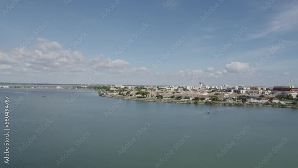 Prevost lagoon and resort area in Palavas les Flots in the south of France, Aerial approach shot Prevost lagoon and resort area in Palavas les Flots in the south of France, Aerial approach shot