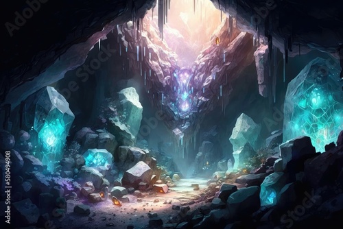 The crystal caverns. A massive underground cavern system filled with glittering crystals and gemstones. Generative AI