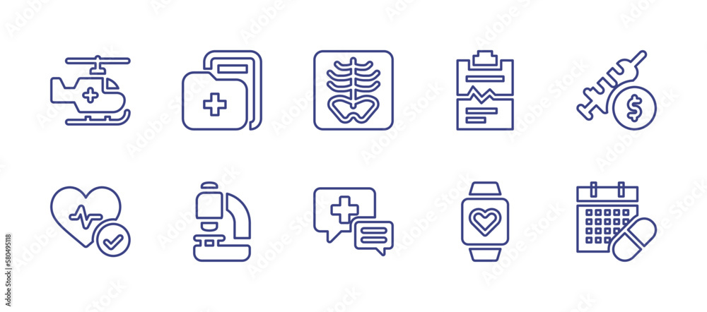 Medical and healthcare line icon set. Editable stroke. Vector illustration. Containing ambulance, medical file, x ray, medical report, cost, improve, microscope, consultation, heart rate, medication.