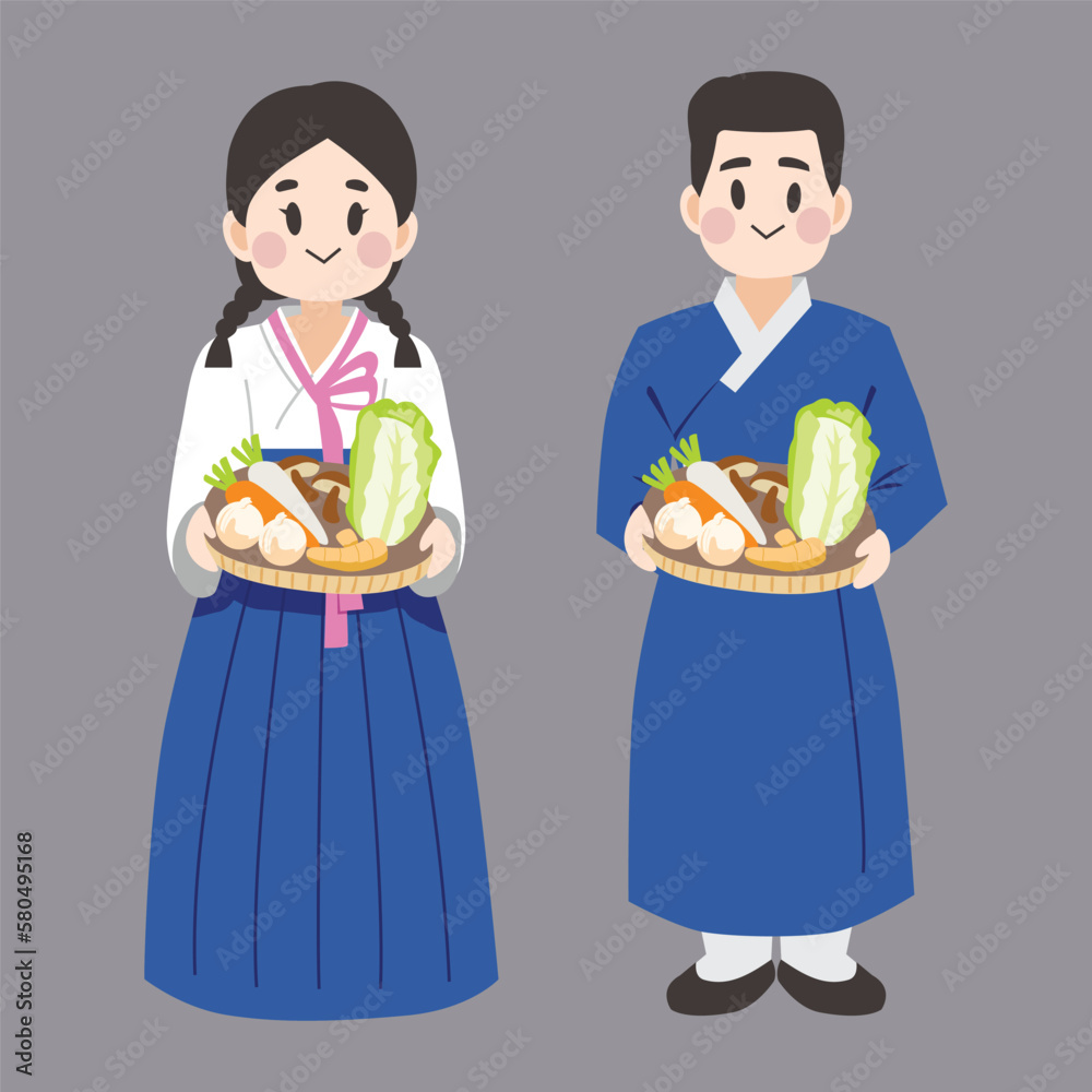 Cute Korean people female and male chef holding food ingredients with hanbok. Cute Korean people female and male chef holding food ingredients with hanbok.