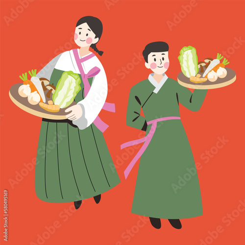 Korean people female and male chef holding food ingredients with hanbok.