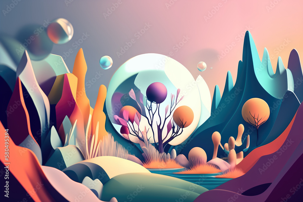 Whimsical and ethereal abstract landscape with blurred shapes in pastel colors, conjuring a sense of magic and wonder, generative ai
