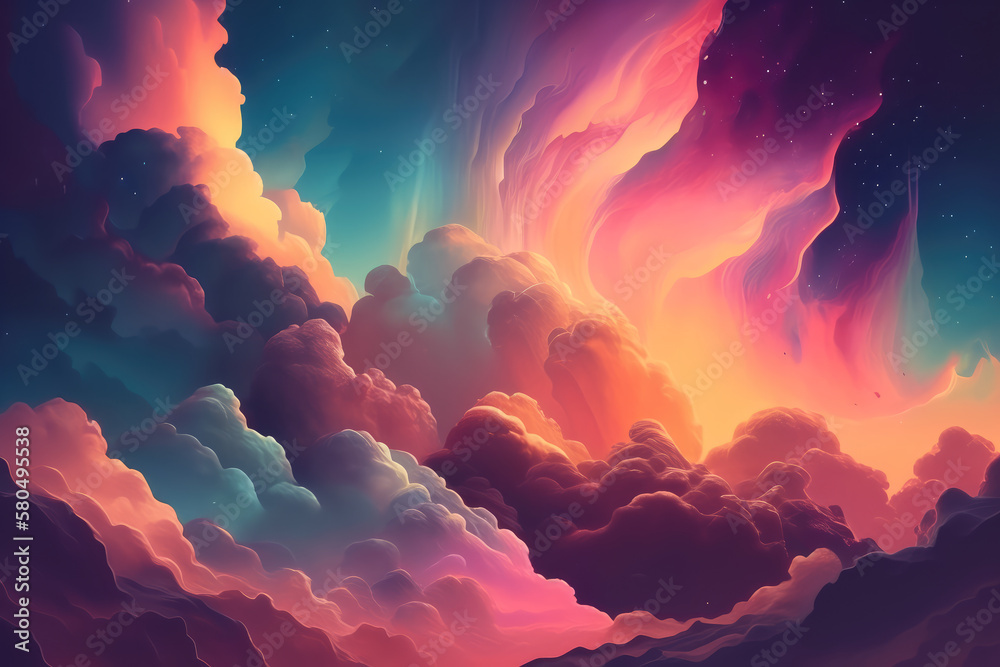 mesmerizing scene of pastel-colored clouds floating in a cosmic sky, generative ai