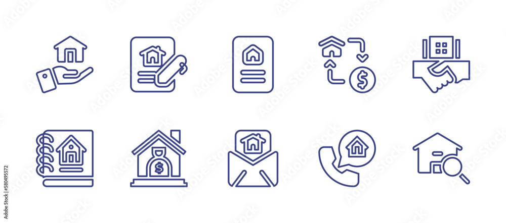 Real estate line icon set. Editable stroke. Vector illustration. Containing real estate, contract, legal, transaction, deal, catalogue, savings, mail, conversation, search house.