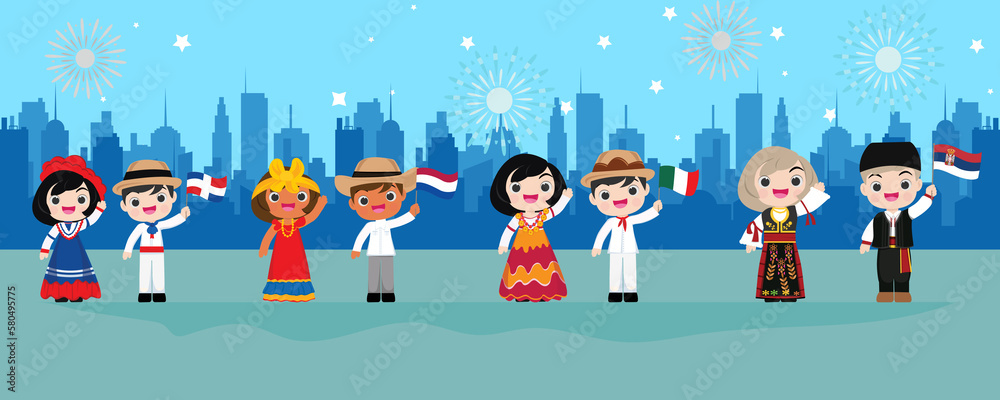 Fototapeta premium Kids in traditional costume. Happy new year country national,vector illustrational.